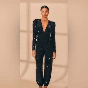 Farm Rio Black Mirror Beaded Jumpsuit XL NWT Embroidered V-Neck Pockets $295